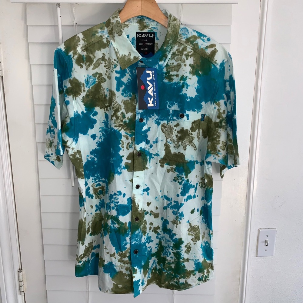 KAVU Mens Short Sleeve Button Down Tie Dye Shirt Blue Green White Cotton Medium